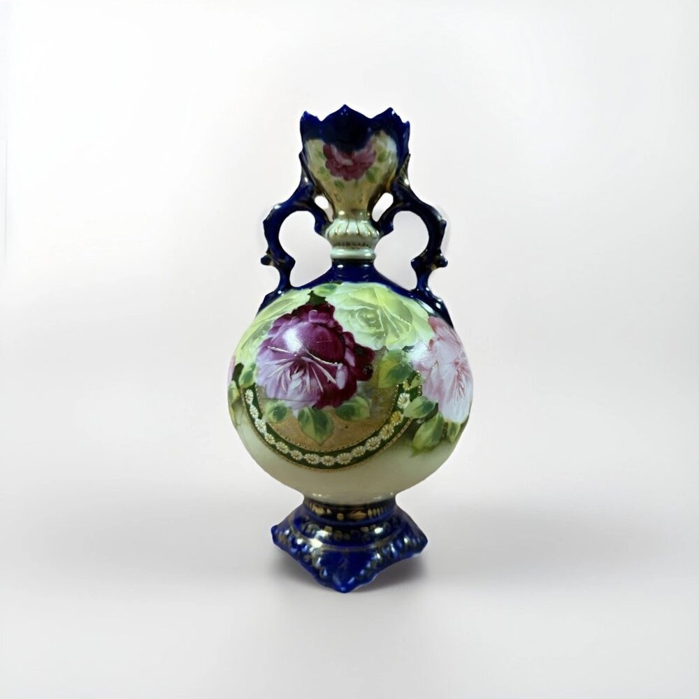 Nippon Pitcher Vase, Cobalt Blue, White, Rose Design, Gold Gilt and Beading